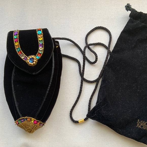 VINTAGE MAGIE NOIRE LANCÔME BLACK VELVET SEQUINED CROSSBODY EVENING BAG PURSE - Picture 2 of 9